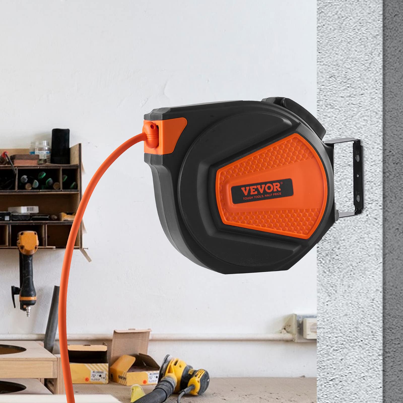 Carrete de manguera de aire retráctil VEVOR, manguera de aire híbrida de 3/8 pulgadas x 50 pies máximo 300 PSI, carrete de manguera de compresor de aire con entrada de 5 pies, carrete de aire cerrado para montaje en techo/pared, montaje giratorio de 180°