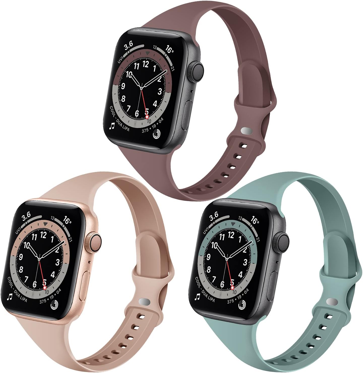 QRose Bands Compatible with Apple Watch 42mm 44mm, 3 Pack Slim Thin Narrow Replacement Silicone Sport Strap for iWatch Series SE 1/2/3/4/5/6, Milk Tea/Smoke Violet/Cactus 42mm/44mm