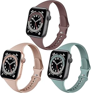 QRose Bands Compatible with Apple Watch 42mm 44mm, 3 Pack Slim Thin Narrow Replacement Silicone Sport Strap for iWatch Series SE 1/2/3/4/5/6, Milk Tea/Smoke Violet/Cactus 42mm/44mm