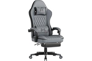 GAMTIMER Gaming Chair with Footrest, Ergonomic Computer Chair with Lumbar Support, with 4D Foam Sports Seat Cushion, Breathable Leather Material, Height Adjustable Adult Office Chair（Grey）