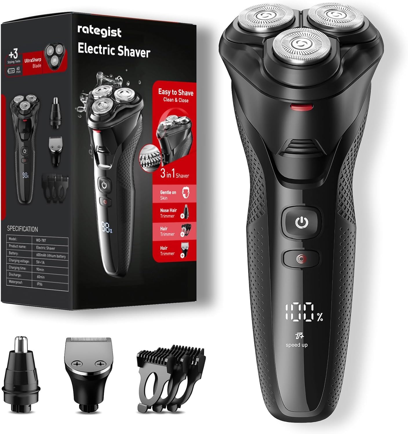 Photo 1 of rategist Cordless Electric Razor for Men: 3-in-1 Shaver for Beard/Nose/Sideburns - IPX7 Waterproof Travel Kit - Turbo Speed & Precision Blades