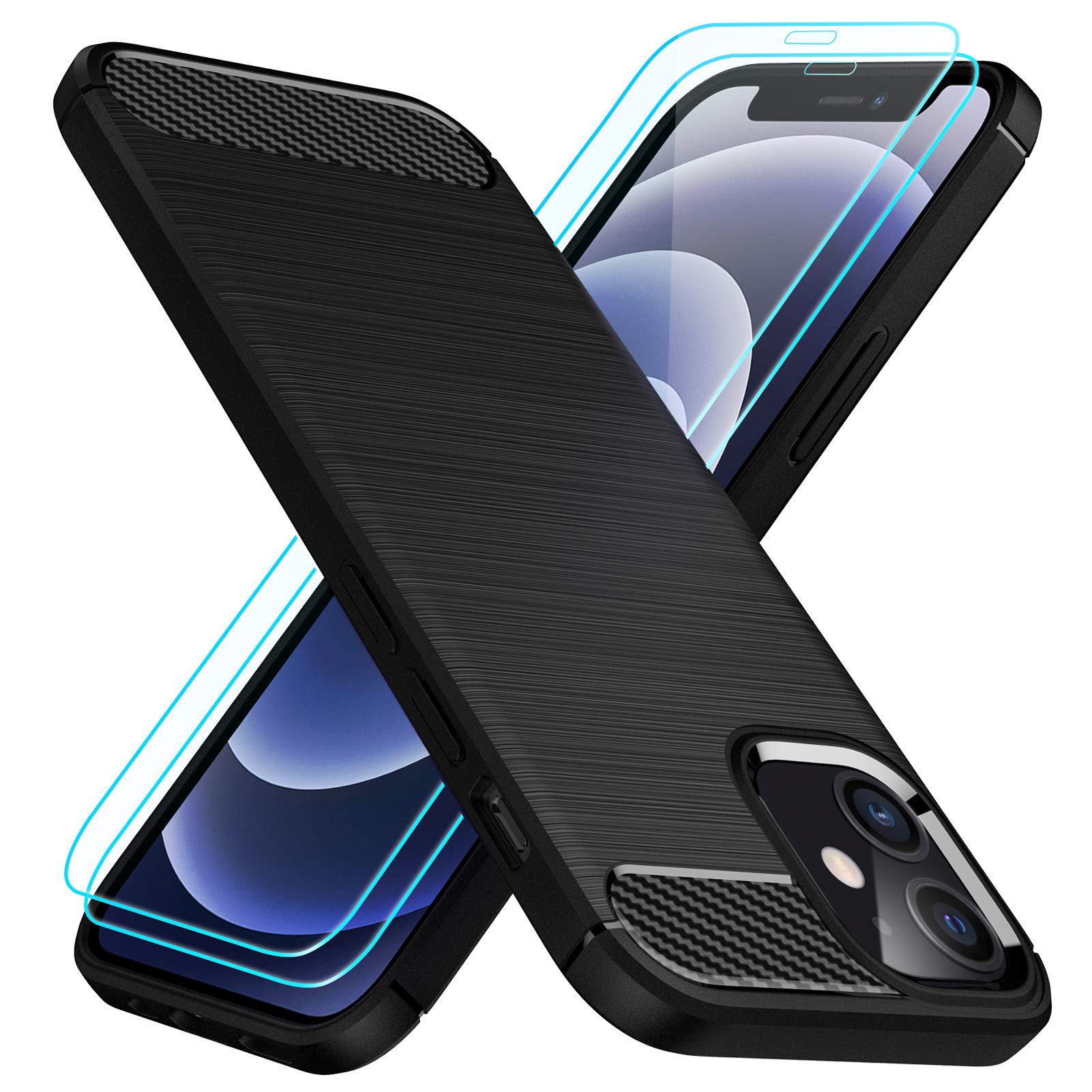 TesRank Phone Case for iPhone 12 Mini Case + 2 Packs Tempered Glass Screen Protector, Soft TPU Cover [Carbon Fiber Texture] [Shock Absorption] Phone Cover for iPhone 12 Mini-Black