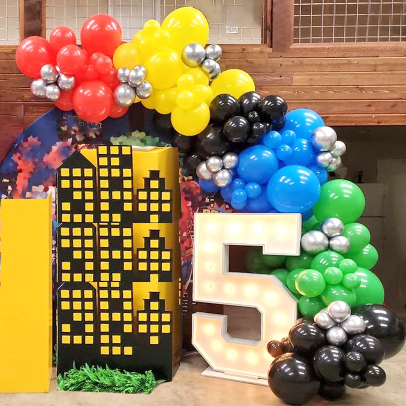 Photo 1 of Red Yellow Blue Green Black Silver Balloon Arch Garland Kit-142pcs Colourful Balloons for Carnival Video Game Superhero Themed Party Baby Shower Graduation Birthday Decorations