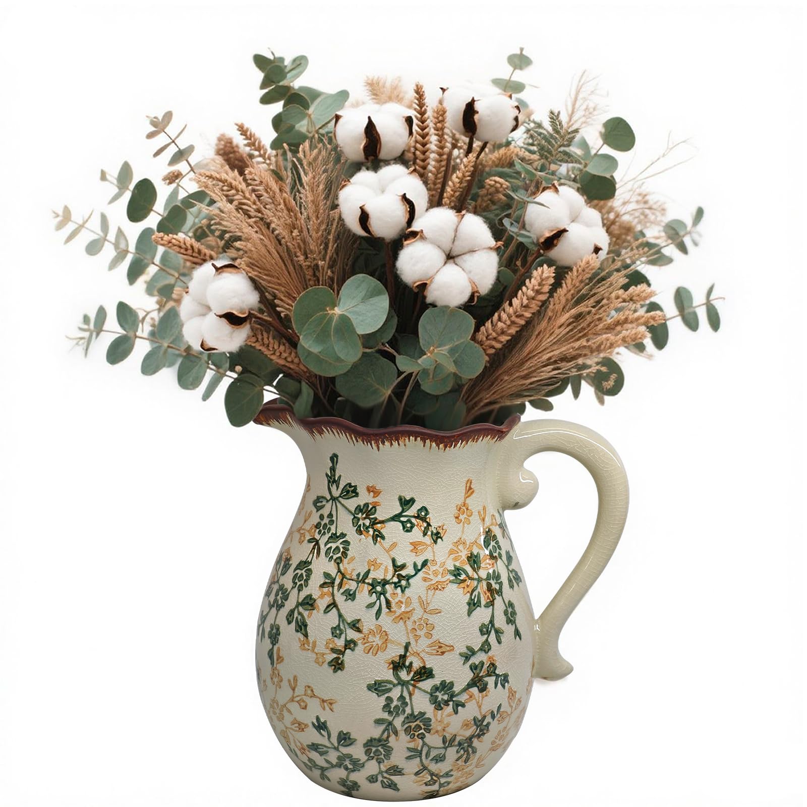 Photo 1 of Vintage Ceramic Flower Pitcher Vase Home Decor - Tabletop Rustic Large Vase for Decor Living Room Bookshelf Office Kitchen Cottage, White Vases for Bouquet, with Handle | Grand Millennial | 8.3inch