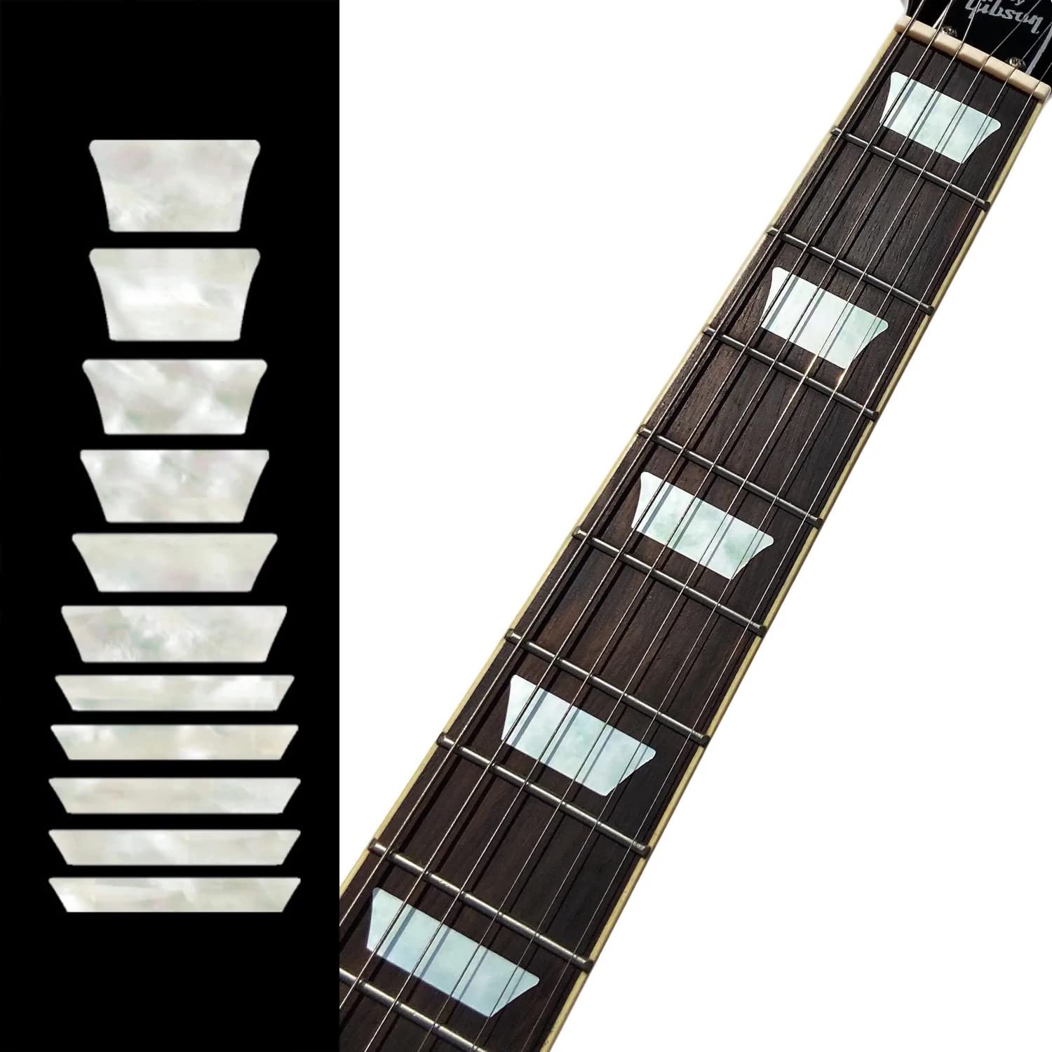 Inlaystickers F-006DT-WT Fret Markers for Guitars & Bass - Dish/Trapezoid Les Paul Style Fret Markers - White Pearl
