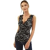 AmélieBoutik Women Scallop V Neck Crossover Empire Waist Floral Lace Overlay Blouse Top