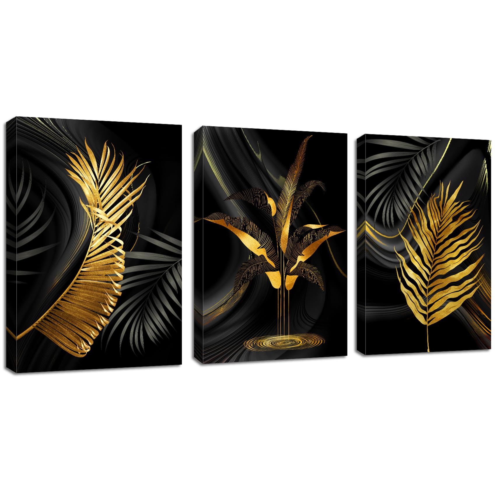 FajerminArt 3 Panels Framed Canvas Wall Art Nordic Black Gold Leaves Art Pictures Printing Poster Canvas Prints Wall Decor for Bedroom Living Room Bathroom Office Ready to Hang 30x40cmx3Pcs