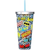 Spoontiques Batman Glitter Cup Tumbler with Stainless Steel Lid and Straw - 20oz, 8" Tall - Acrylic - Multicolored