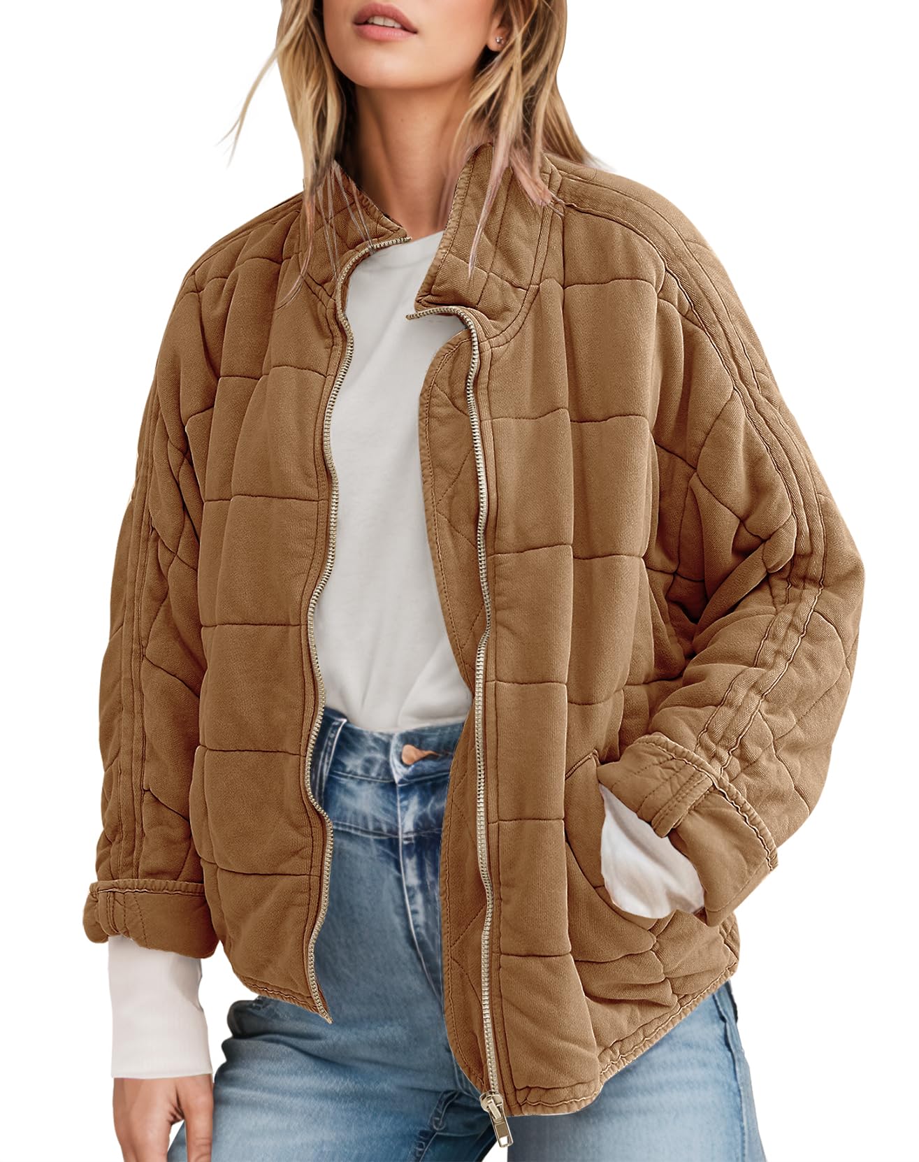 Photo 1 of Womens Double-sided Suede Quilted Jacket Full-Zip Lightweight Down Jackets Winter Bomber Coats Outwear