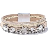 FANCY SHINY Turtle Starfish Leather Wrap Bracelet Boho Rhinestone Pearl Cuff Bracelets for Women Summer Beach Jewelry for Women