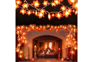 AMANDIR 2 Pack Fall Decor Garland for Home, Total 20 Ft 40 LED Maple Leaves Fall Lights Garland with Battery Operated Waterproof Harvest Thanksgiving Halloween Decoration for Indoor Outdoor