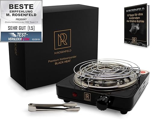 M. ROSENFELD Shisha Kohleanzünder 1000W elektrisch – für Shisha Kohle Black Heat, Anzünder | Schwarz + Gitter + Zange aus Ede