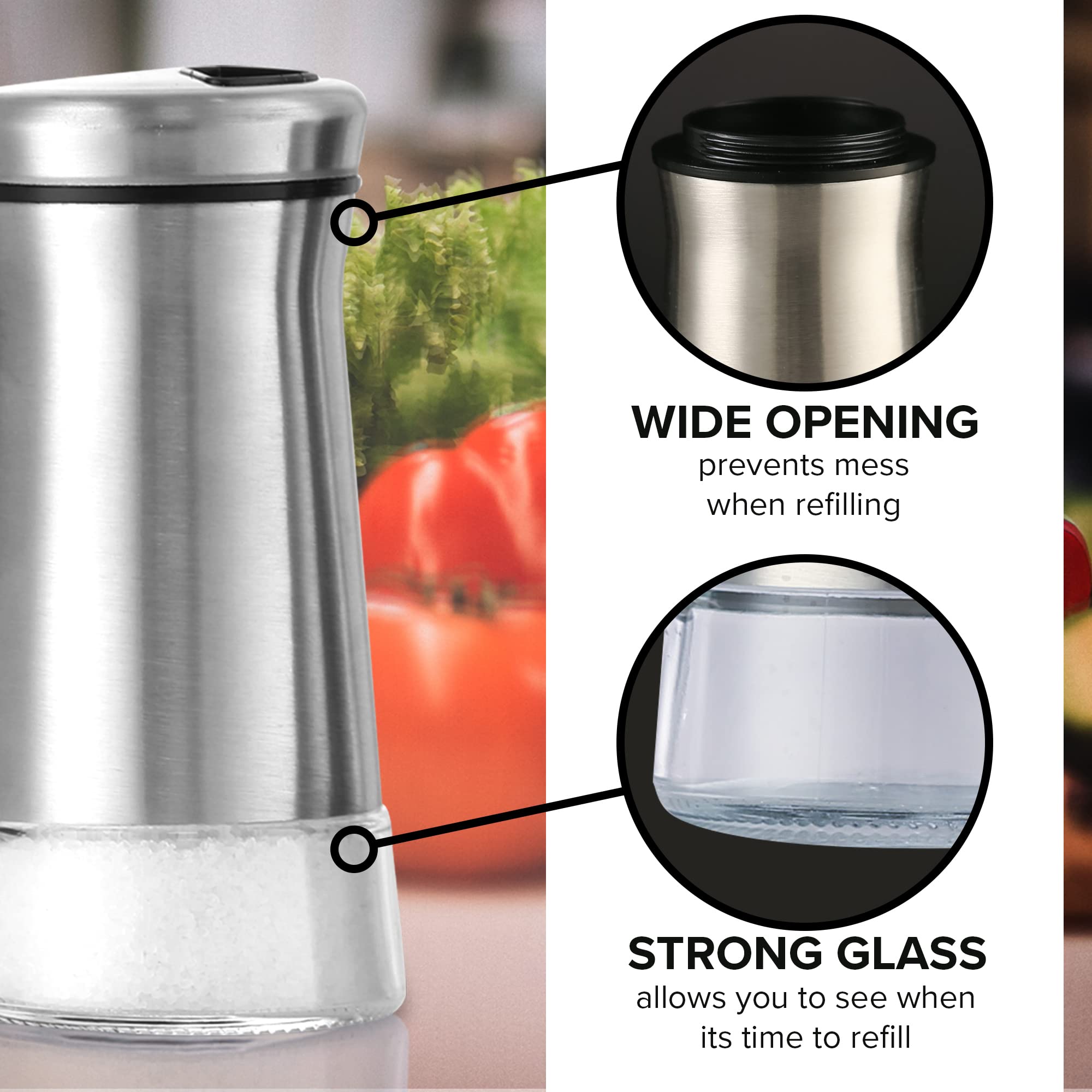 The Original Salt and Pepper Shakers set - Silver- Spice Dispenser with Adjustable Pour Holes - Stainless Steel & Glass Set of 2 Bottles