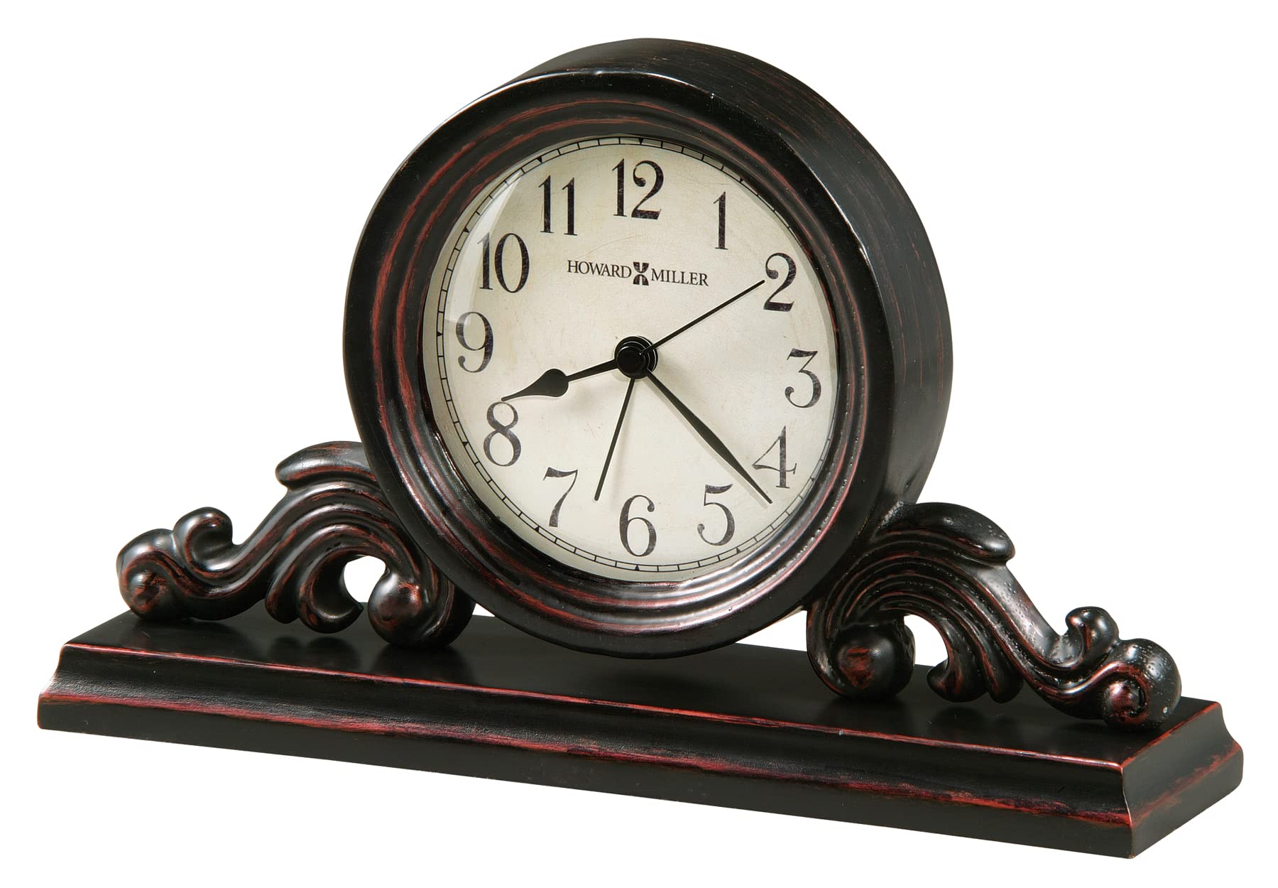 Howard Miller Bishop Table Clock 645-653 – Decorative Metal & Wood Worn Black Finish, Red Undertones, Vintage Home Decor, Felt Bottom, Quartz Alarm Movement