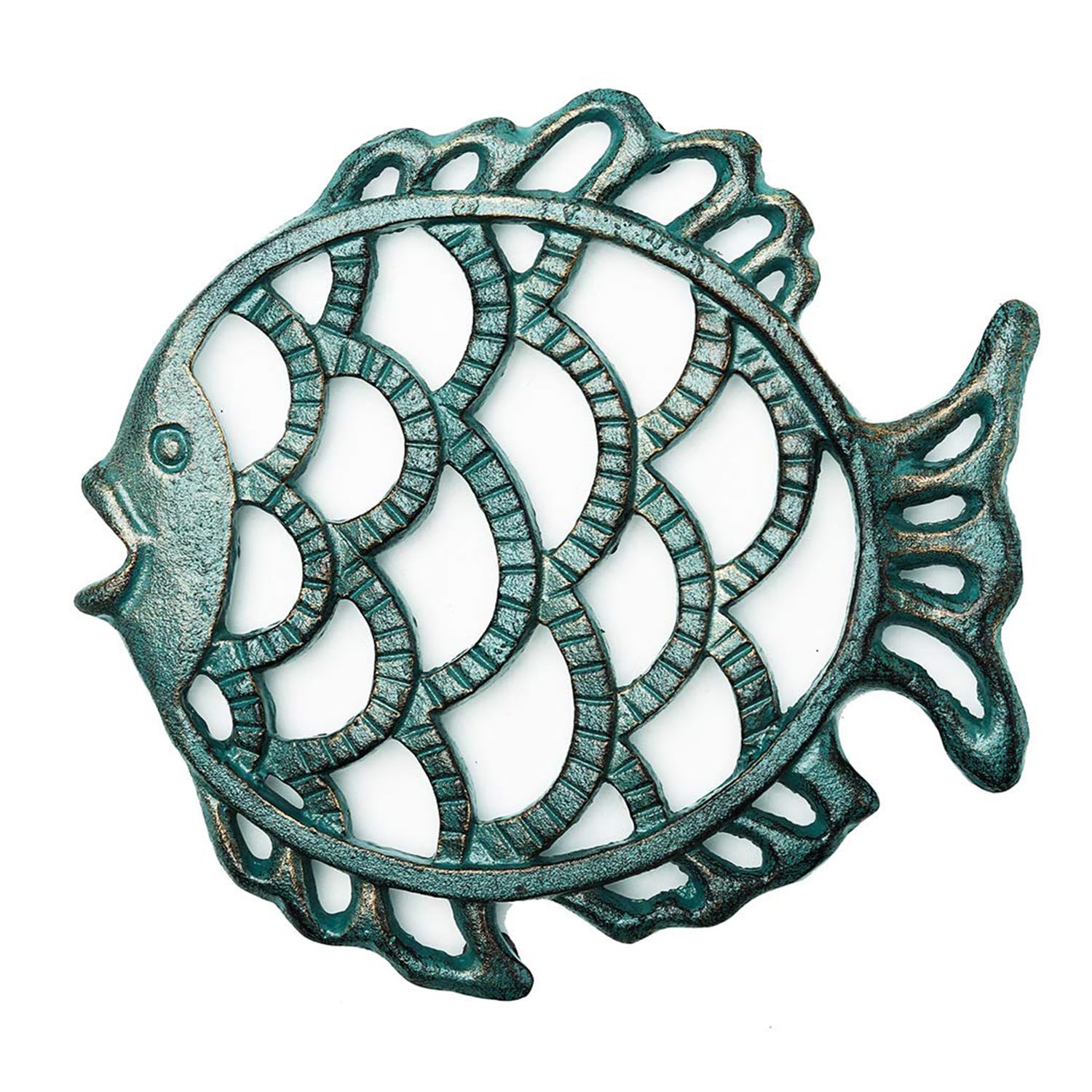 Sungmor Cast Iron Cute Fish Trivet for Wood Stove - Dia-7.5 Inch Dark Green Finish - Rustproof Round Stands for Hot Pots / Dishes / Pans - Decorative Metal Table Trivet for Kitchen Cooking