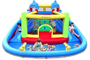 Causeair Inflatable Bounce House with Slide,Dolphin Styling,Splashing Pool,Double Water Cannon,Climbing Wall,Heavy Duty GFCI Blower,Inflatable Water Park Slide for Kids Backyard Summer