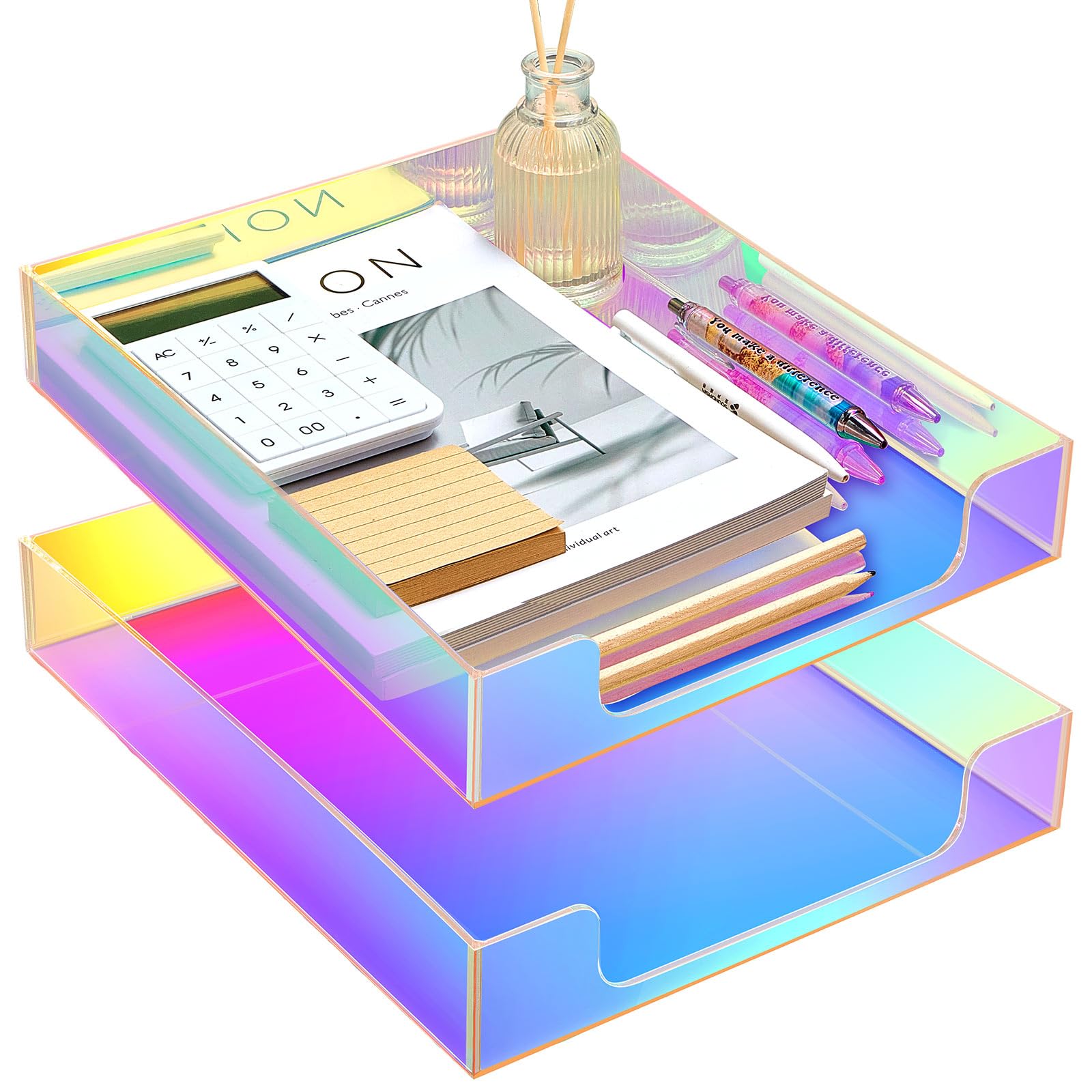 Photo 1 of Maxcheck 2 Pcs Iridescent Acrylic Letter Tray Organizer Stackable Desk Paper Tray with Non Slip Rubber for Office Accessories Desk File Document Folder Notebooks Stationery