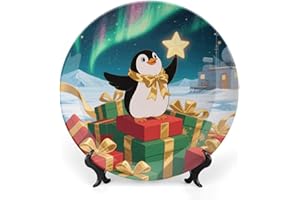 Christmas Small Penguin Bone China Decorative Plate with Display Stand, 6inch Porcelain Wall Hanging Plate for Home Office De
