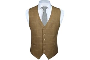 HISDERN Men's Suit Vest Plaid Dress Vest for Men Slim Fit Formal Business Waistcoat Tuxedo V-Ncek Solid Vest for Wedding