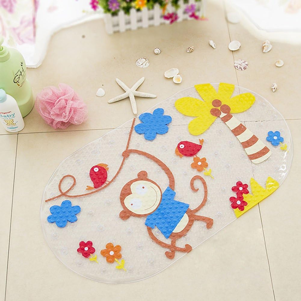 QJONKE Kids Anti-Slip Bath Mat Durable | Easy Clean | Mildew & Mold Resistant | Sturdy Design & Clever Non-Slip Suction Cup System (Monkey Design)