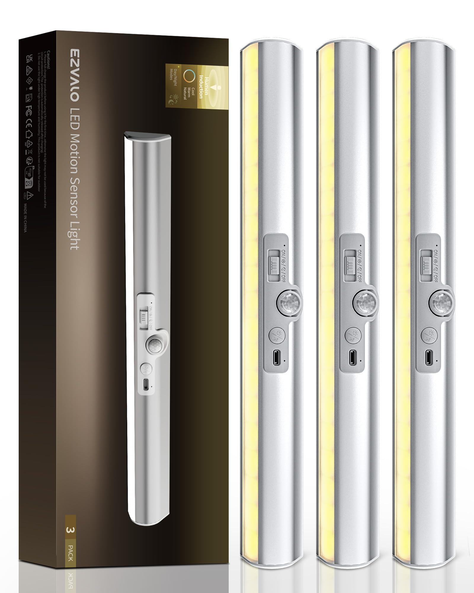Photo 1 of EZVALO 3 Pack Motion Sensor Closet Light with Eye-Protection Design, 1800mAh Rechargeable Under Cabinet Lighting, 3 Color Temps Night Light for Pantry, Stair