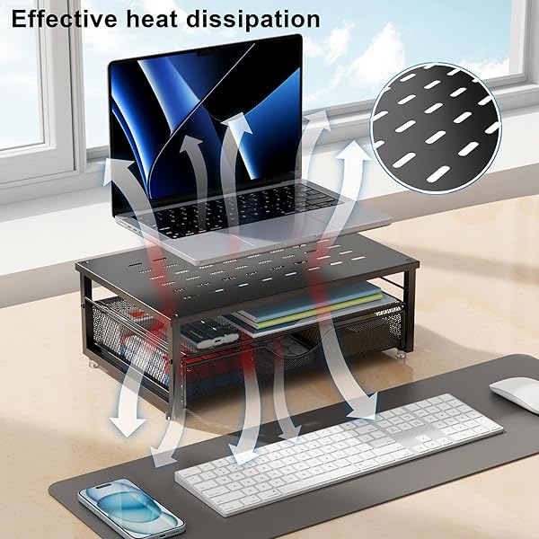 GIANOTTER COMPUTER MONITOR STAND RISER, DESK ORGANIZERS AND ACCESSORIES WITH DRAWER, OFFICE DESK ACCESSORIES & WORKSPACE DESKTOP ORGANIZERS STORAGE FOR PRINTER STAND (BLACK)