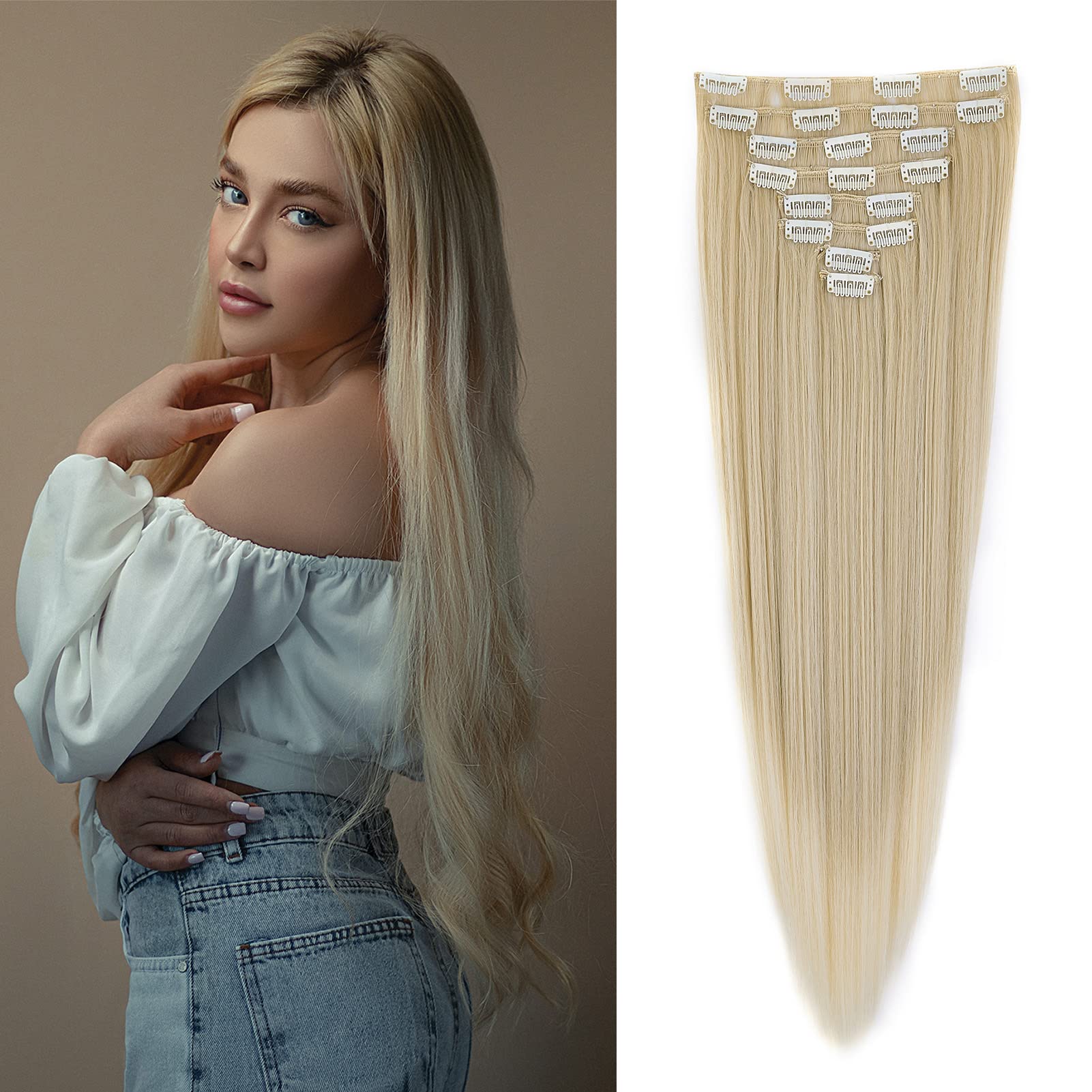 Gairyan 24inch Straight Clip in Hair Extensions Long Full Head Hair Extension 8PCS Synthetic Hairpiece Highlight Natural Look for Women (Natural Blonde & Bleach Blonde) โ image 1