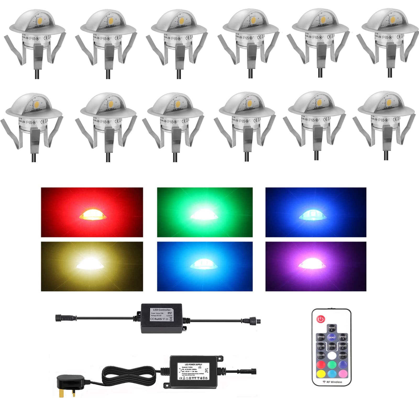 CISLAN Waterproof Plinth Deck Lights,High Brightness Buried Garden Light with Adapter Multi-Color 12 Pack IP67 Waterproof Indoor/Outdoor Decor Light for Decking Lighting, Kitchen Plinths …