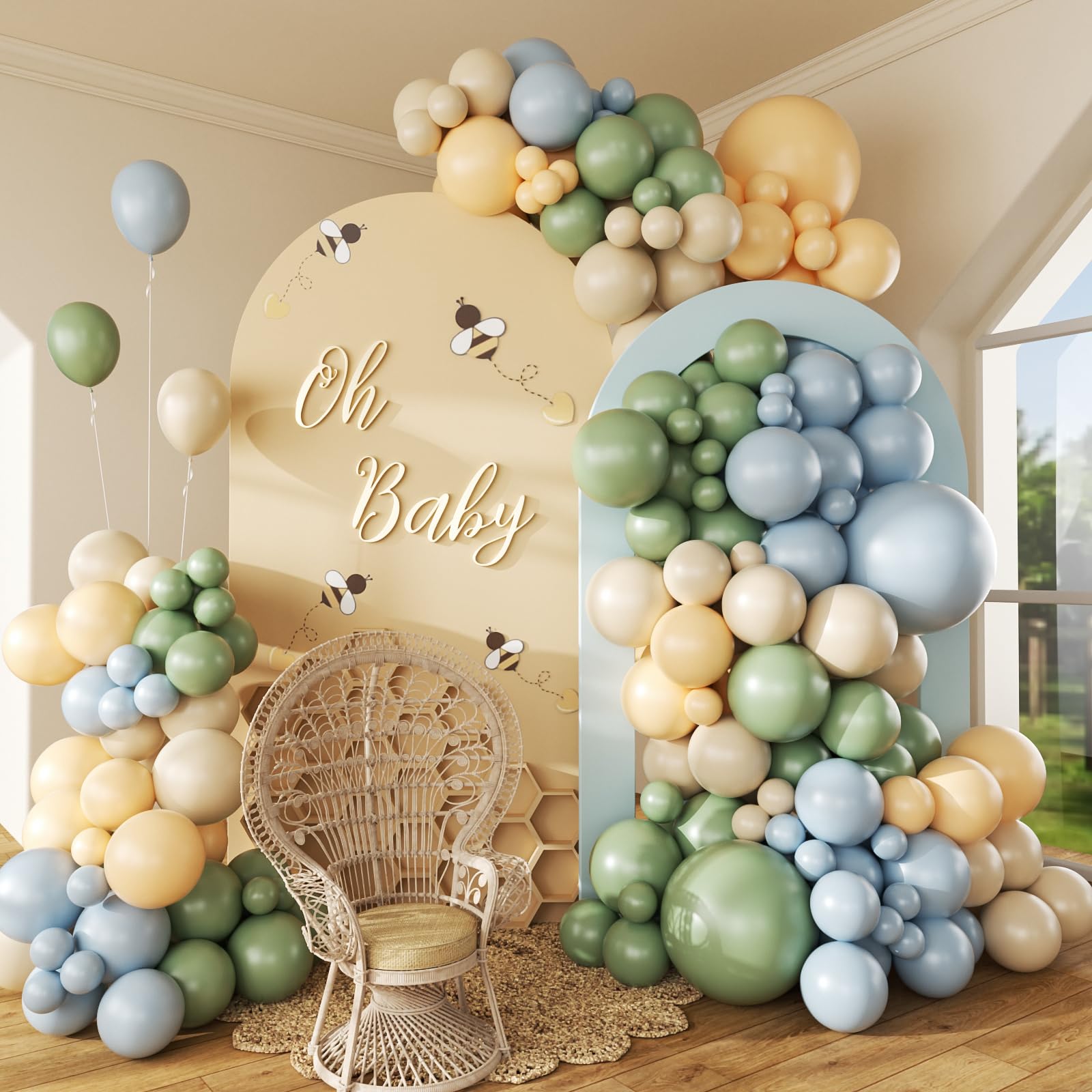 View 1 of 146pcs Dusty Blue and Green Balloon Arch Garland Kit, Pastel Blue Sage Green Nude Sand White Latex Balloons for Bear Themed Birthday Wedding Baby Shower Party Decorations