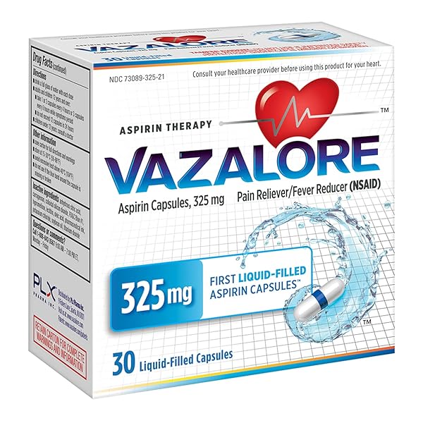 VAZALORE® ASPIRIN 325MG FOR ADULTS | FAST PAIN RELIEF & FEVER REDUCER | IMMEDIATE RELEASE LIQUID-FILLED CAPSULES TO HELP PROTECT STOMACH | 30 COUNT
