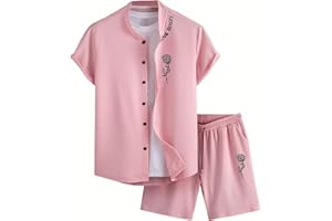 COZYEASE Men's 2 Pieces Floral Letter Graphic Print Button Front Short Sleeve Shirt Top and Shorts Set