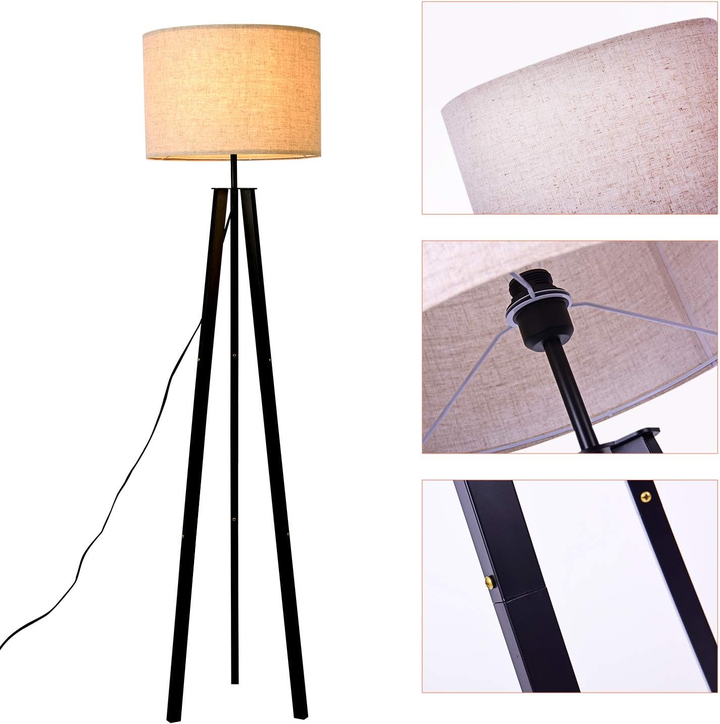 Floor Lamp Standing Lamp, Black Tripod Floor Light, Modern Design Studying Light for Living Room, Bedroom, Study Room and Office, Flaxen Lamp Shade with E26 Lamp Base - - 
