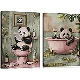 Funny Bathroom Wall Art Set of 2, Panda on Toilet and in Bathtub Wall Decor Paintings, Cute Animal Canvas Prints Pictures Aesthetics Home Decor for Bathroom Restroom 12x16 Inch Framed