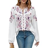Womens Long Sleeve Shirts Fall Tops Embroidered Blouses Casual Loose Peasant Tunic Mexican Trendy Clothes