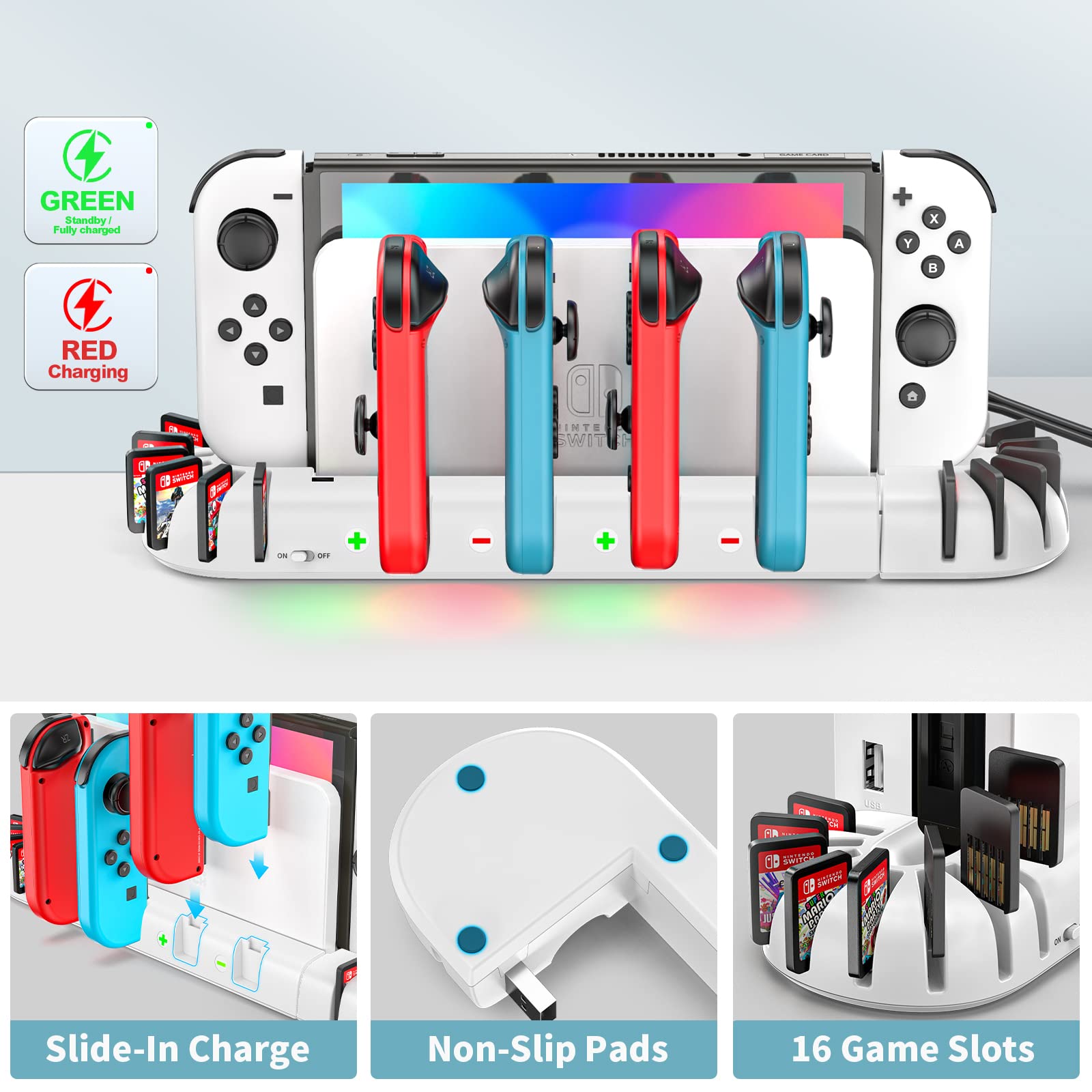Switch Controller Charger Dock Station for Joycons, OIVO Upgraded 16 Game Slots Charging Dock Compatible with Nintendo Switch & OLED Model Joy-con, Charger for Nintendo Switch Joycon Controller-White