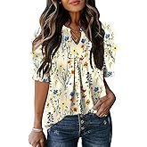 Bashafo Women's Puff Short Sleeve Shirt V Neck Summer Tops Casual Fashion T Shirts Loose Fit Blouses