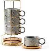 LUKA 6 Ounce Porcelain Stackable Espresso Cups with Saucers and Metal Stand Set of 4, Ceramic Cappuccino Cups Set for Specialty Coffee Drinks, Latte, Cafe Mocha and Tea, Gray