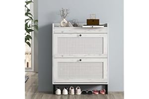 Luban Nese Shoe Storage Cabinet with 2 Flip Drawers, Rattan Shoe Storage Organizer with Metal Legs for Entryway, Narrow Shoe Rack Cabinet, White