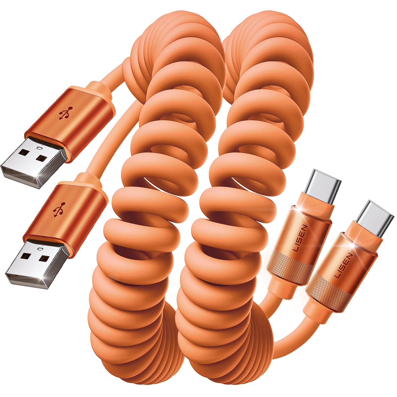 LISEN Coiled USB C Cable, 2 Pack for Android Auto & CarPlay Cable, Short Orange USB C Cable Compatible with iPhone 17 Pro Max Orange/16/15, Samsung Galaxy S25/S24/S23 A15/A14