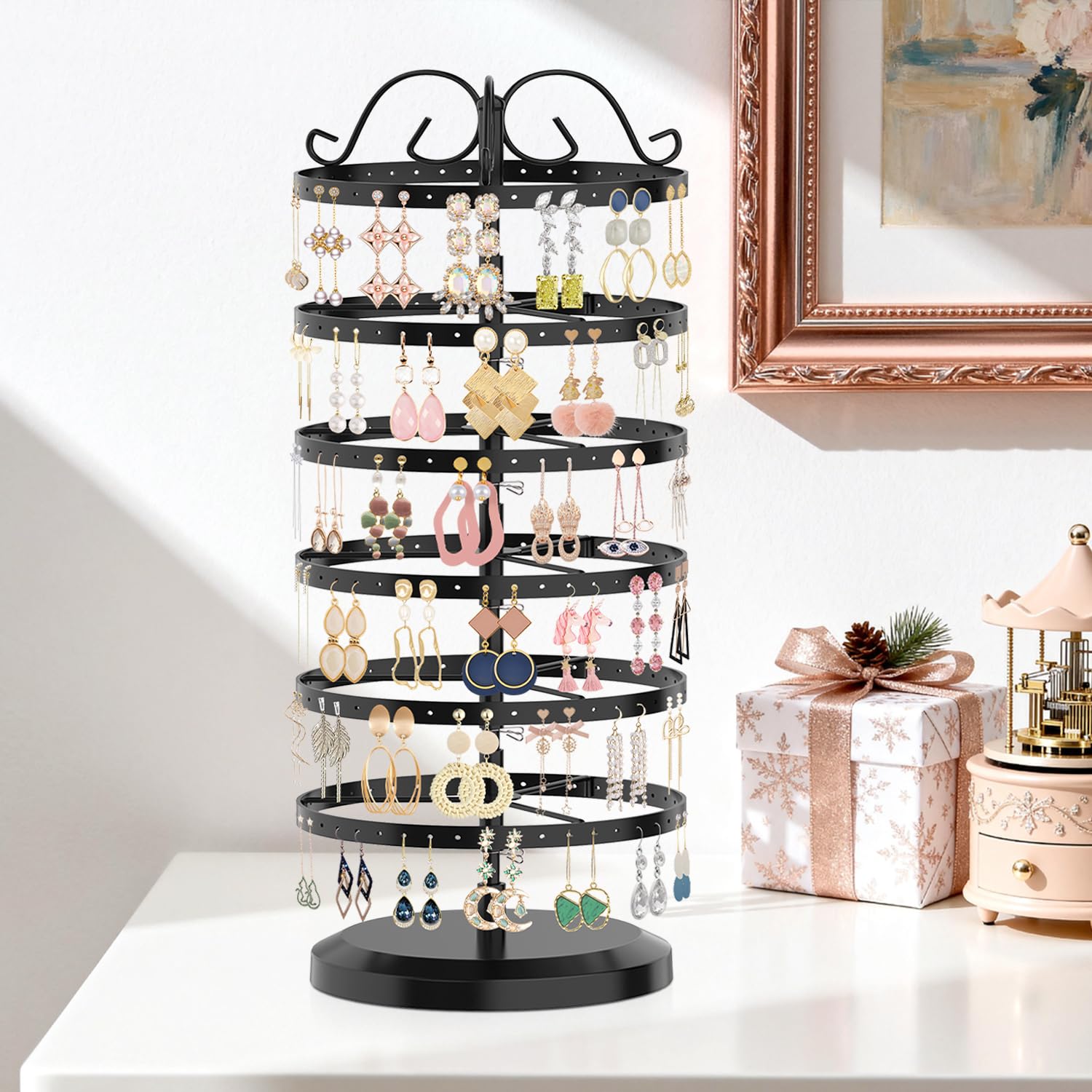 iDavosic.ly 6 Tier Metal Rotating Earring Holder Organizer, 264 Holes Earring Storage Display Tower Rack, Adjustable Earring Tree Organizer for Women (Black)