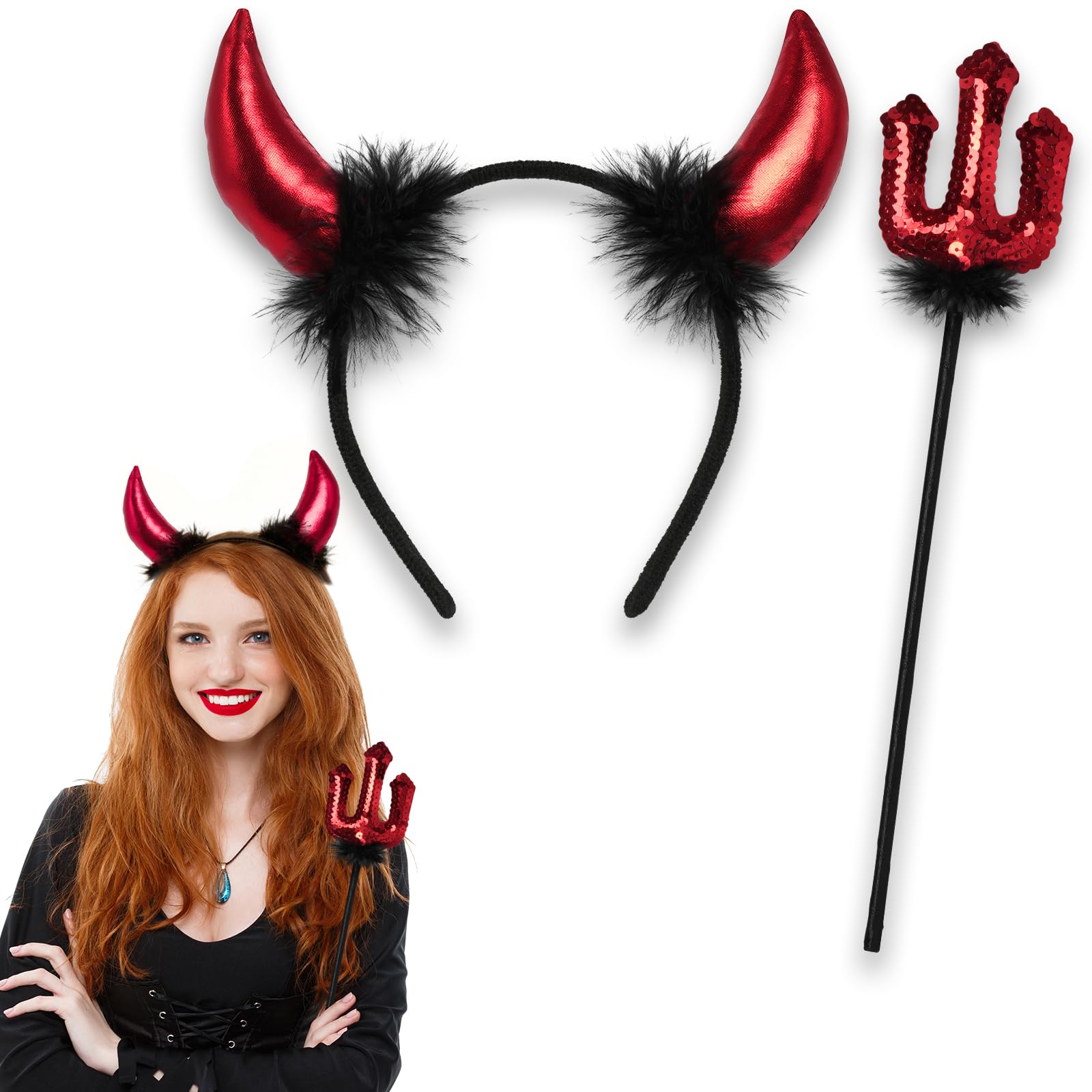 ROSAUI Devil Horns Headband & Sequin Pitchfork – Red & Black Halloween Costume Accessories for Adults – Fun Fancy Dress for Parties, Masquerade & Carnival