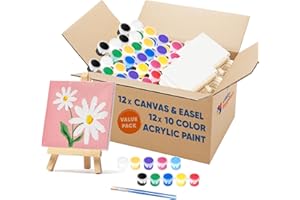 CRAFTY HAPPITOYS Set of 12 Mini 4x4 Canvas and Easel Set with 10 Colors Acrylic Paint - Bulk Kids Art Party Favors & Supplies - Mini Paint Party Kits - Kids Canvas Painting Set - Paint & Sip Kit