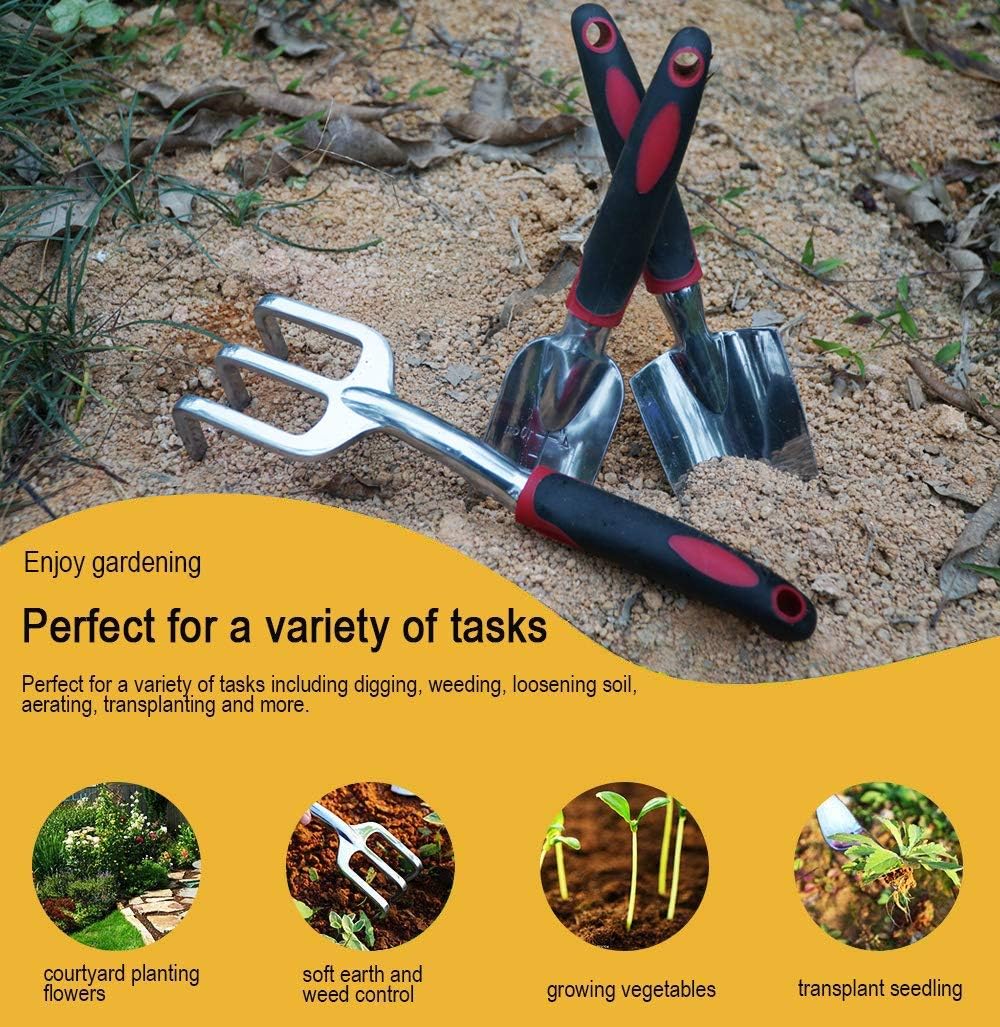 ESOW Garden Tool Set, 3 Piece Cast-Aluminum Heavy Duty Gardening Kit Includes Hand Trowel, Transplant Trowel and Cultivator Hand Rake with Soft Rubberized Non-Slip Ergonomic Handle, Garden Gifts : Garden & Outdoor