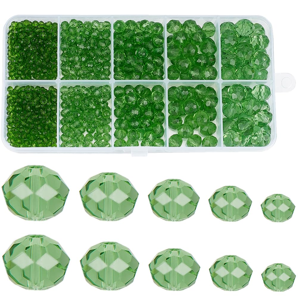 SUNNYCLUE 780Pcs Green Glass Beads 2mm 4mm 6mm 8mm 10mm Transparent Rondelle Faceted Spacer Beads for Jewellery Making Bracelets Necklace DIY Crafts Decoration Beginners