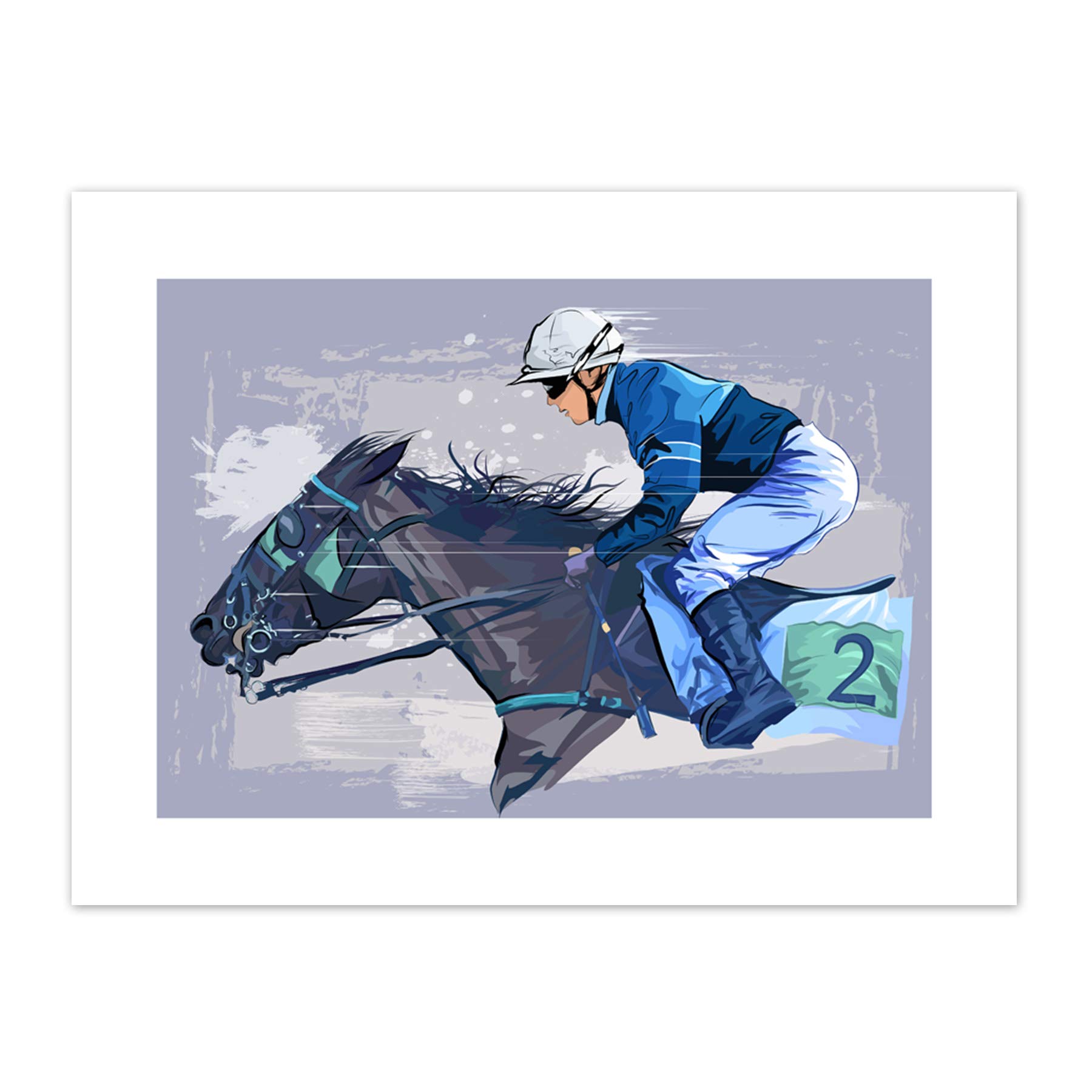 Racing Horse And Jockey Blue Grunge Art Print Canvas Premium Wall Decor Poster