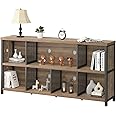 LVB Industrial Horizontal Bookshelf, 4 5 6 7 8 Cube Storage Organizer Bookcase, Modern Wide Large Book Shelf for Bedroom Living Room, Rustic Low Long Wood Metal Office Cubby Shelf, Rustic Oak, 63 Inch