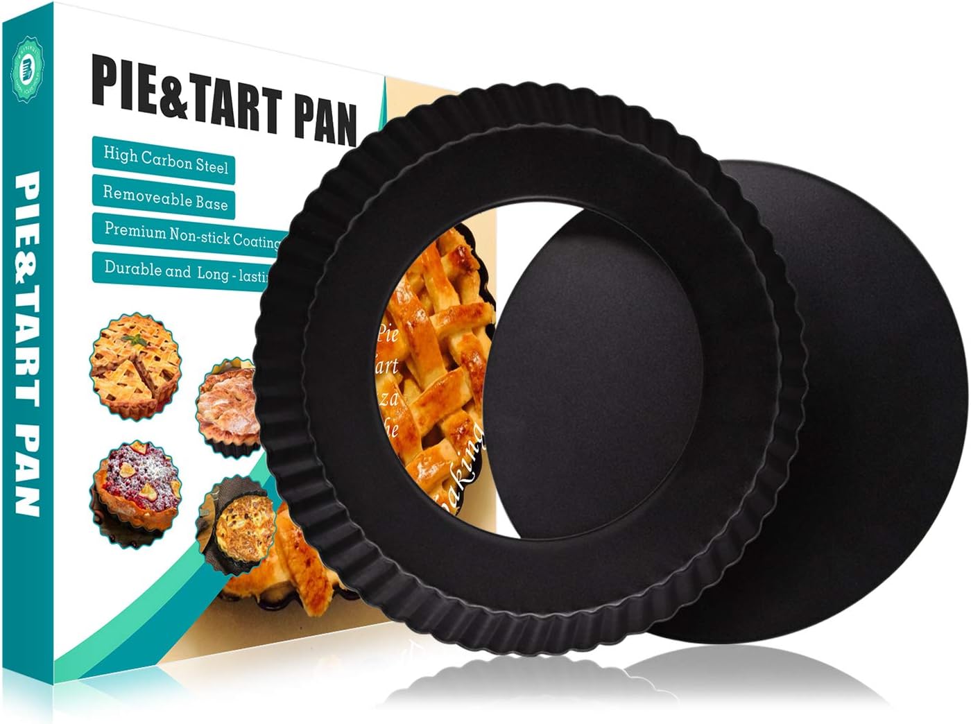 Baiyihui 8.8'' Round Tart Pan, Professional High-Carbon Steel Non-Stick Black Quiche Pie Pan with Removable Loose Bottom