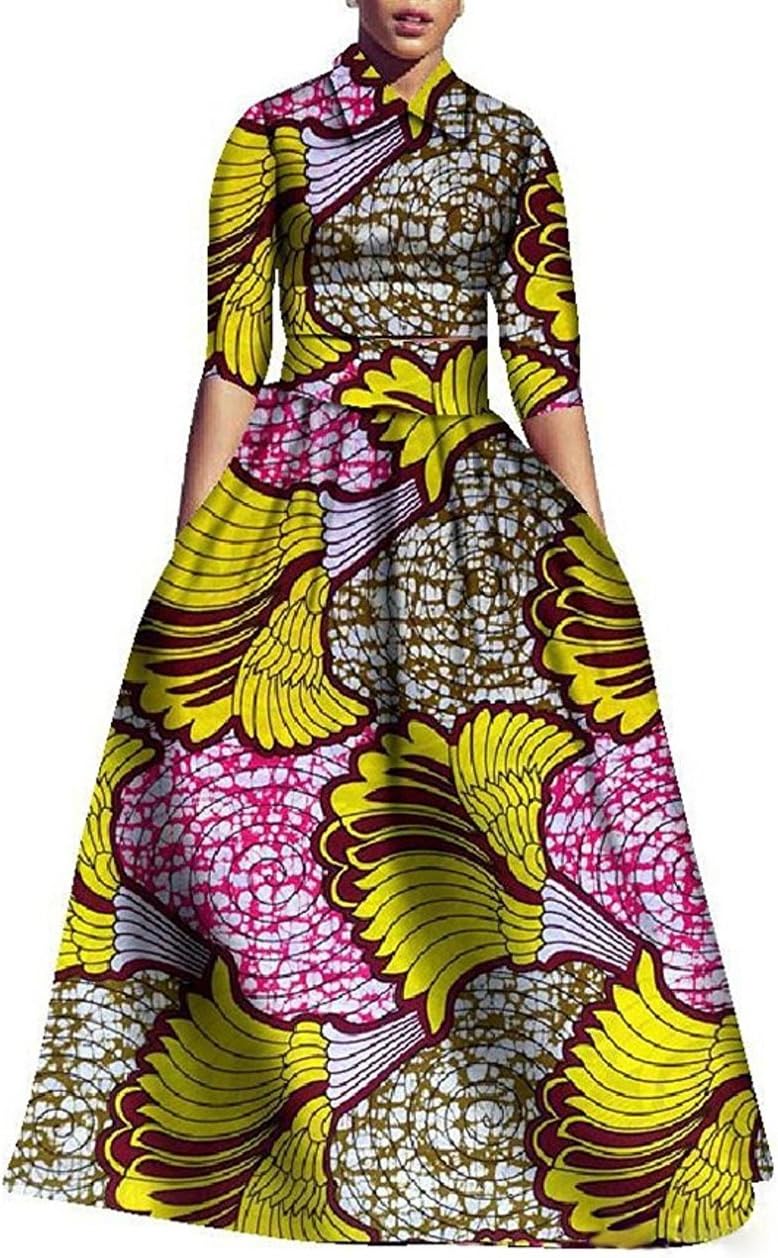 Women Plus Size 3/4 Sleeve African Graphic Printed Maxi Dress Lapel Collar High Waist A-line Dress