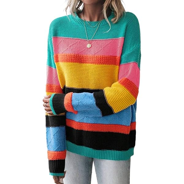 LAISHEN Women's Color Block Knit Pullover Sweater - Loose Fit Long Sleeve Crewneck Top