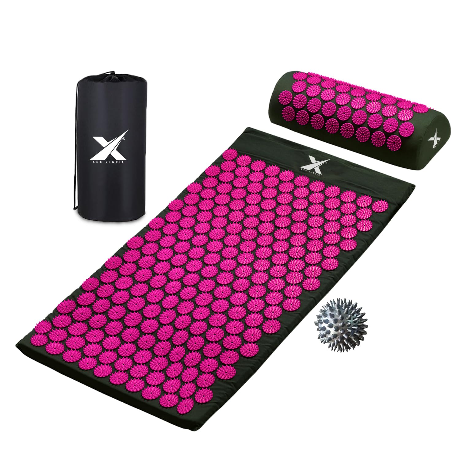 Xn8 Acupressure Mat & Pillow, Spiky Acupuncture Mat for Anxiety, Stress Relief, Back Pain, Muscle Relaxation & Recovery, Portable Reflexology Matt with Carry Bag for Men & Women, Black-Pink